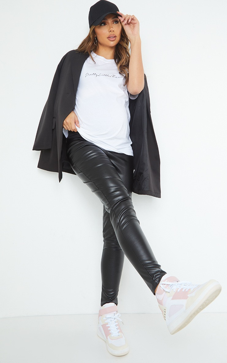 Maternity Black Faux Leather Over Bump Leggings | PrettyLittleThing US