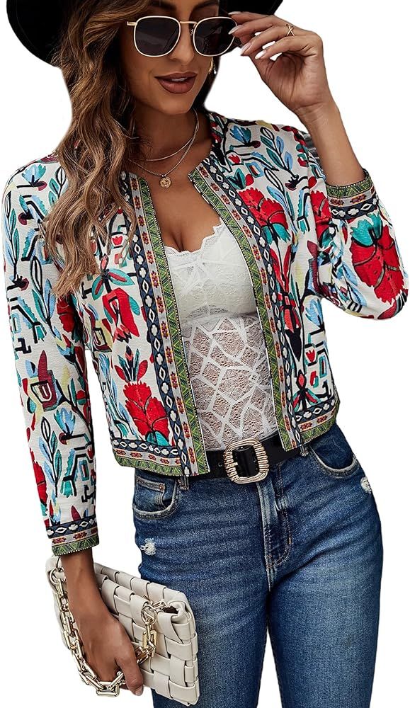 MakeMeChic Women's Casual Floral Print Embroidered Trim Long Sleeve Open Front Cropped Jacket Coa... | Amazon (US)