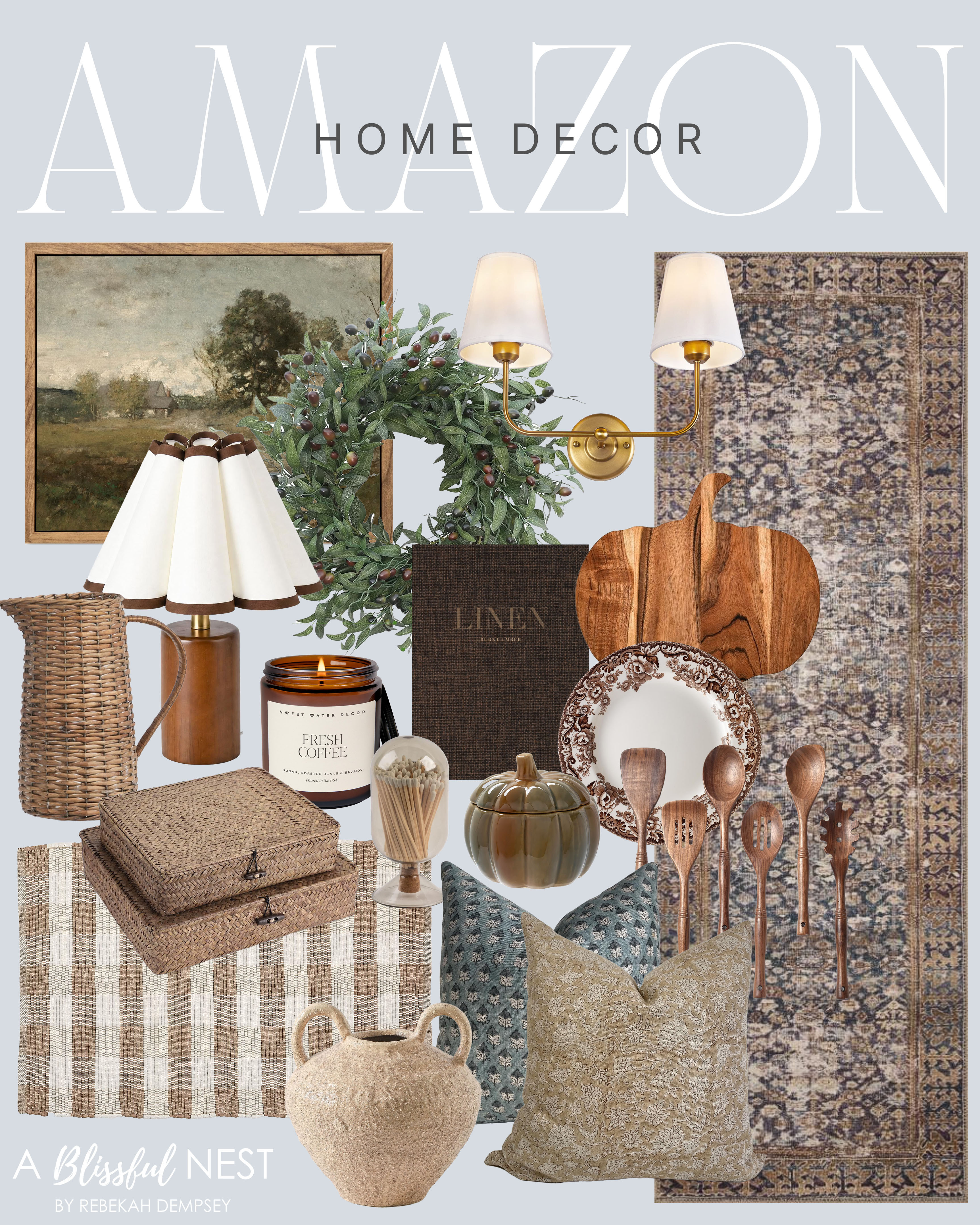 Pretty Amazon home finds that bring an elevated feel without the big price tag. Tap to shop!

Framed landscape art, pleated cone table lamp, olive branch wreath, brass double wall sconce, area rug, wicker pitcher, jar candle, decorative book box, matchstick holder, wood pumpkin cutting board, ceramic pumpkin jar, decorative plate, wooden utensil set, woven storage boxes, checkered runner, throw pillows, and ceramic urn vase. 

 #LTKHome