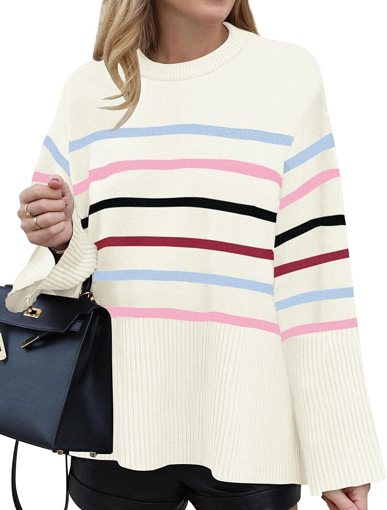 ZESICA Women's 2024 Fall Winter Striped Sweaters Long Sleeve Crew Neck Ribbed Knit Side Slit Over... | Amazon (US)