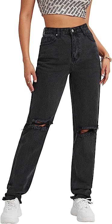 SheIn Women's Ripped Boyfriend Jeans Distressed High Waisted Denim Jeans | Amazon (US)