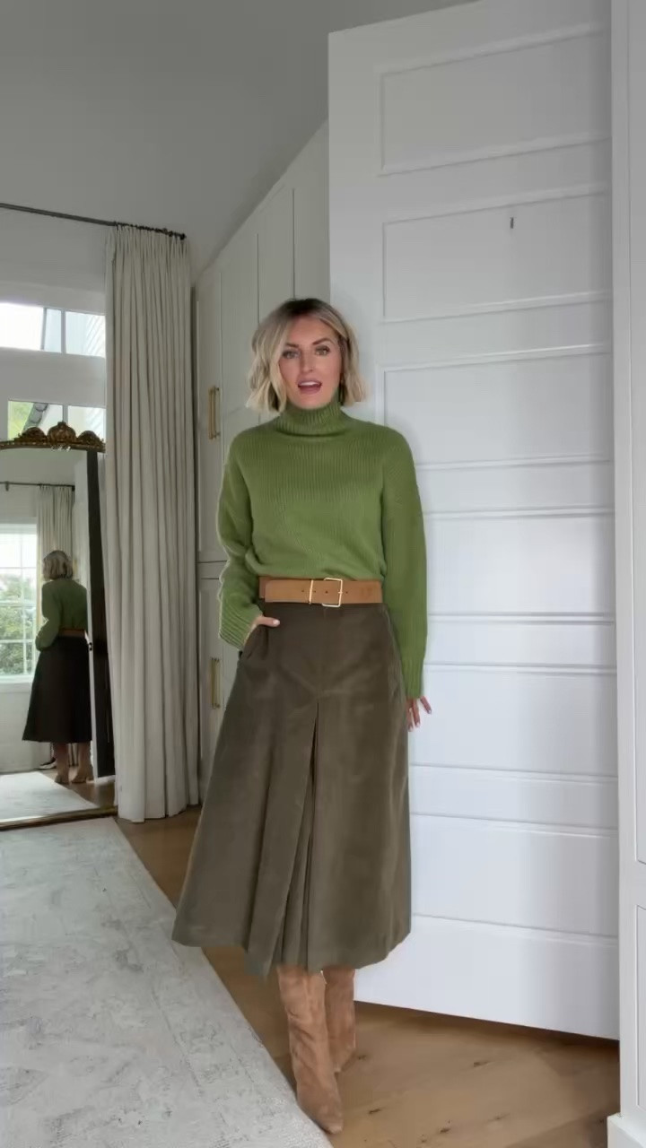 The prettiest shade of green for fall! 🍃Loving this cozy cashmere turtleneck styled with a corduroy midi skirt, tan belt, and tall boots for a chic seasonal look. Sweater wearing XS , Skirt wearing size 2!


loverly grey, tuckernuck, green cashmere sweater, peridot turtleneck, corduroy midi skirt, fall outfit ideas, green sweater outfit, fall fashion, tall boots, cozy fall style, elevated basics