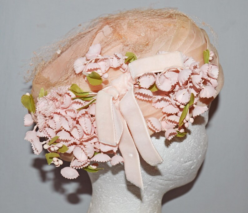 Vintage Turban or Pillbox Hat - 1960s, Light Pink Mesh and Gauze with Flowers, Floral Hat | Etsy (US)