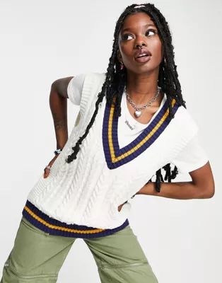 Signature 8 oversized varsity cable knit tank top in cream | ASOS (Global)