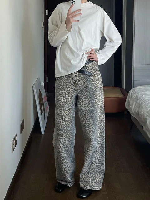Pantalones vaqueros de pierna ancha con estampado de leopardo lavado americano para mujer, pantal... | Aliexpress EU
