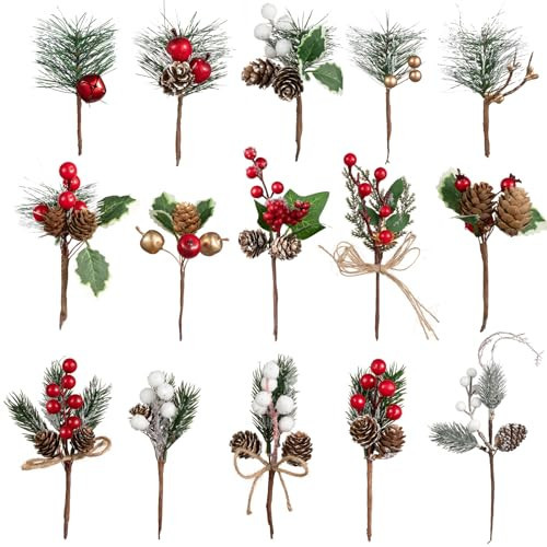 Crafare 15 Pack Small Christmas Picks Assorted Size Red Berry Picks Stems with Pinecones for Christmas Holiday Floral Arrangement Winter Holiday Season Decoration | Amazon (US)