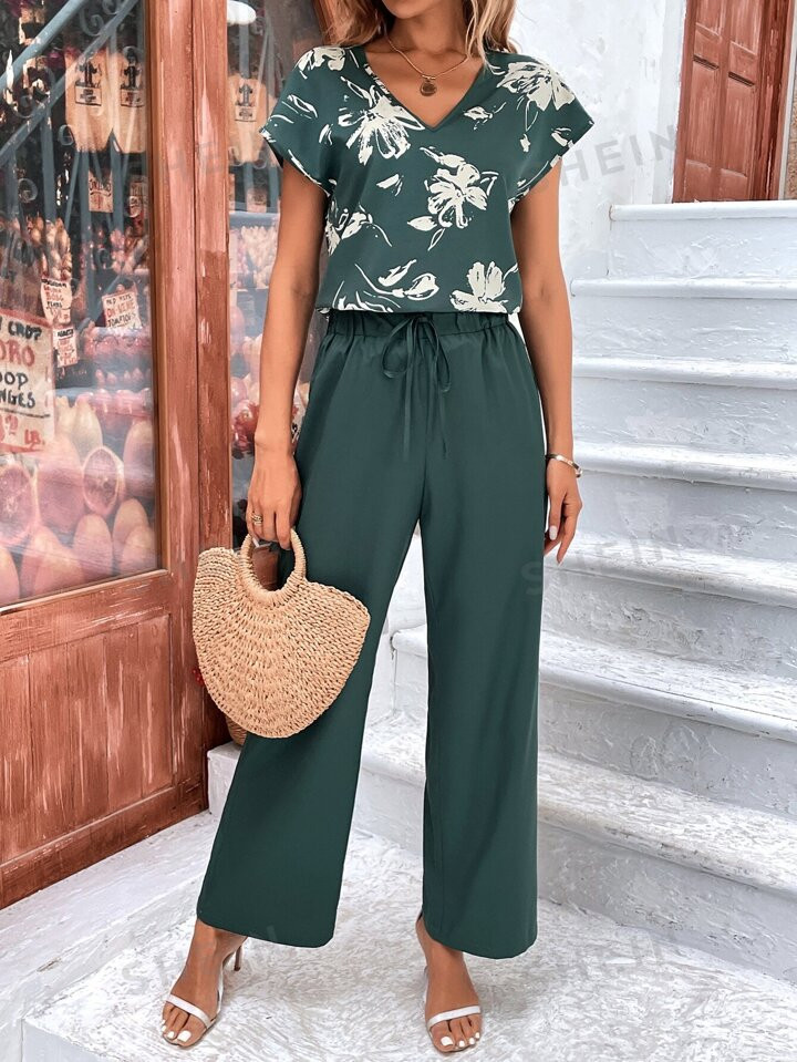 SHEIN VCAY Floral Print Batwing Sleeve Top & Tie Front Wide Leg Pants | SHEIN