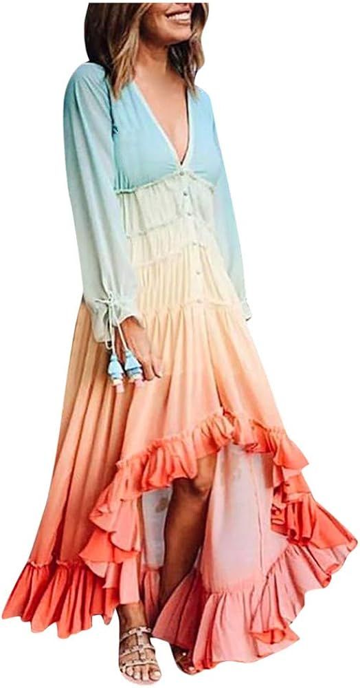 Maxi Dresses for Women V Neck Gradient Color Ruffle Long Sleeve Flowy Beach Dress | Amazon (US)