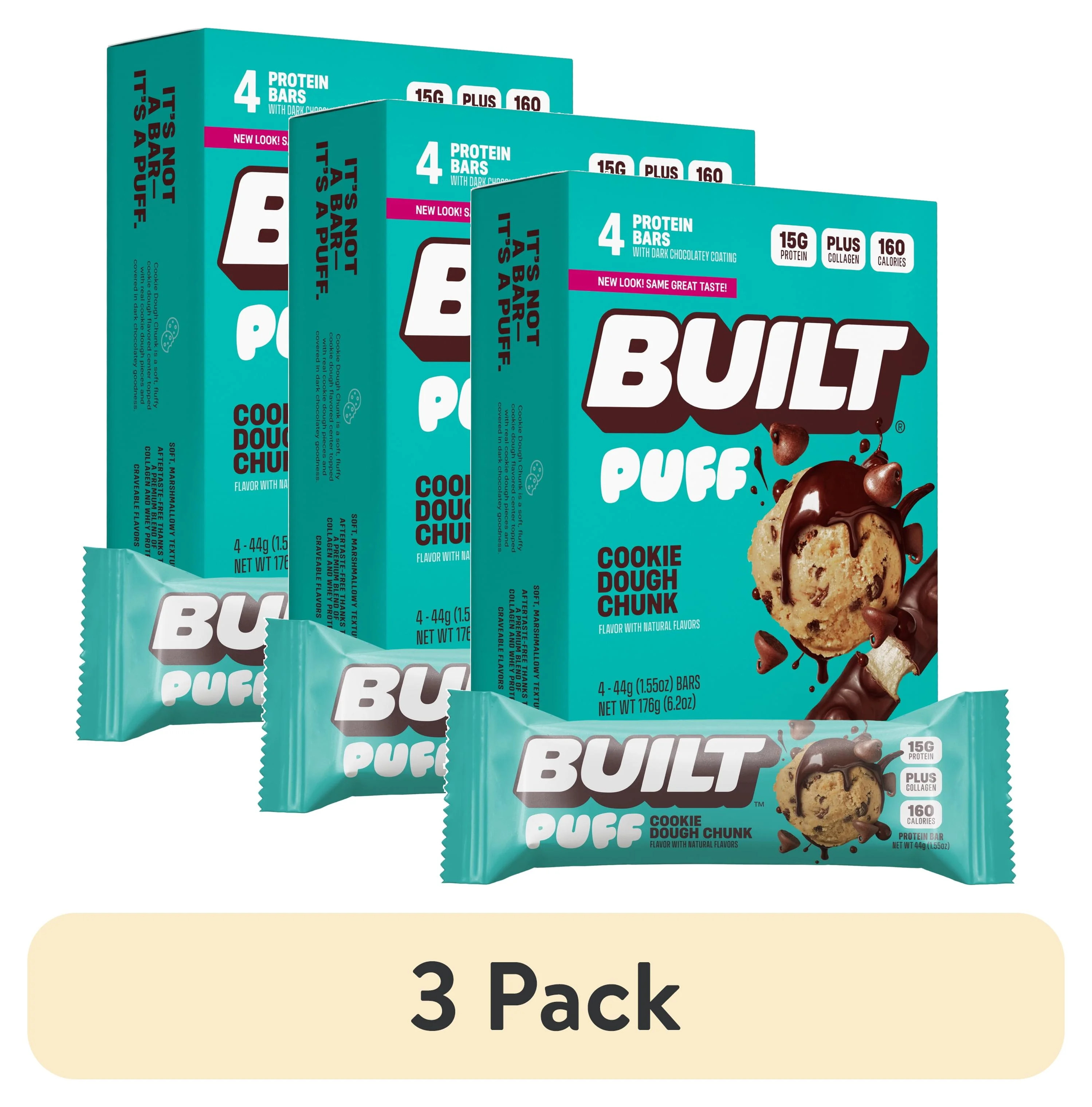 (3 pack) BUILT Bar Protein Bar, Cookie Dough Chunk Puff, 15g Protein, Collagen, 4 Count Box, 1.55... | Walmart (US)