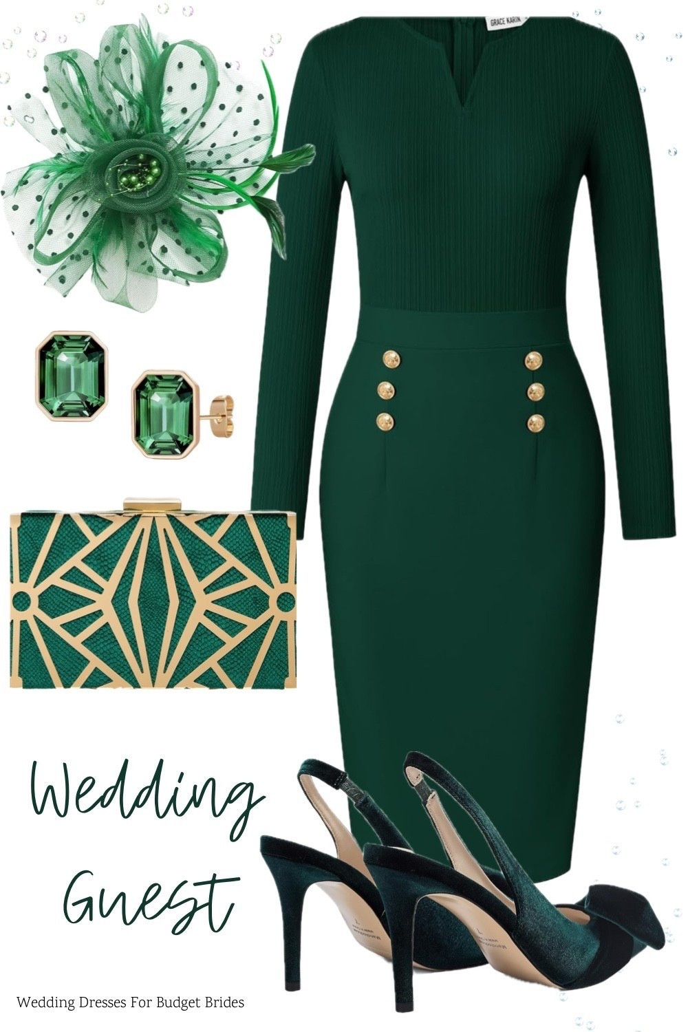 Daytime wedding guest outfit idea in green and gold. All on Amazon.