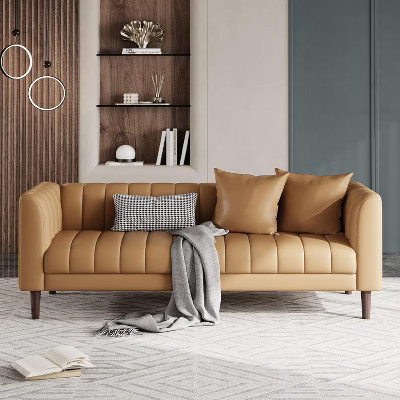 Faux Leather Sofa Couch for Living Room, 2 Throw Pillows and Wood Legs, 78" W Modern 3 Seater Sofa Couch with Deep Seats, for, Bedroom, Apartment | Target