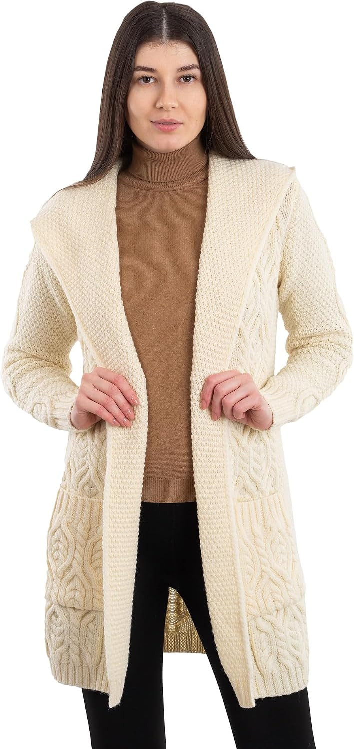 SAOL 100% Merino Wool Ladies Irish Classic Fit Long Cardigan with Hood | Amazon (US)