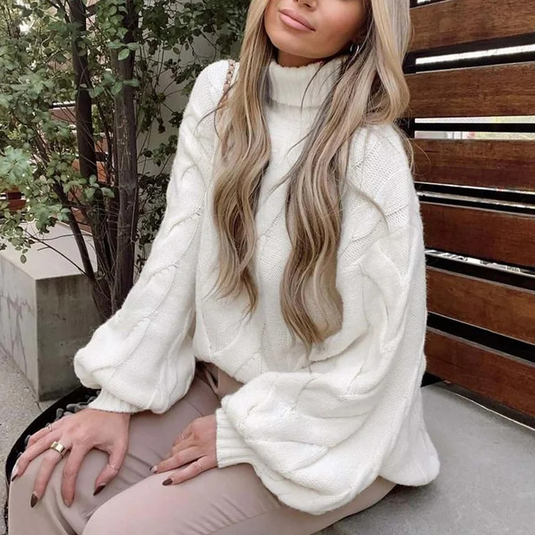 Riforla Women's Flared Sleeve Pullover Knit Sweater High Neck Twist Thick Sweater Women's Turtlen... | Walmart (US)