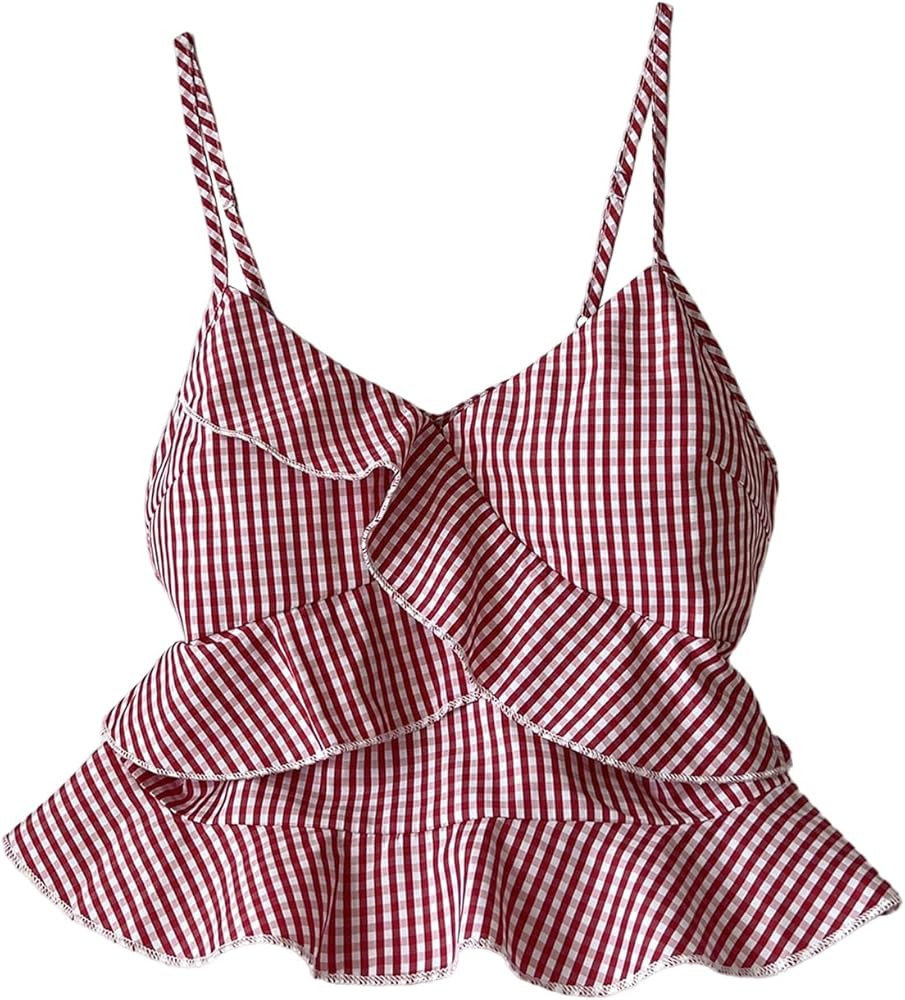 MakeMeChic Women's Gingham Cami Tops Spaghetti Strap Ruffle Cute Summer Crop Y2K Top | Amazon (US)