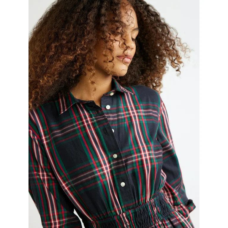 Free Assembly Women's Smocked Waist Mini Shirt Dress with Long Sleeves, XS-XXXL | Walmart (US)