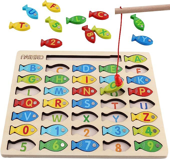 Magnetic Wooden Fishing Game Toy for Toddlers, Alphabet Fish Catching Counting Games Puzzle with ... | Amazon (US)