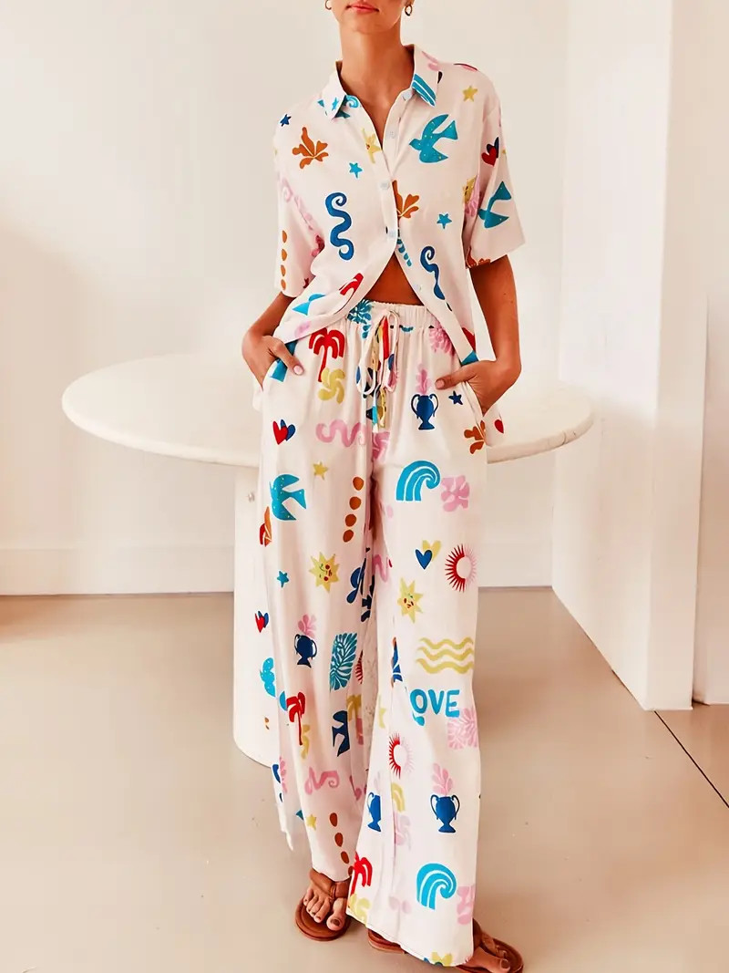 Cute Graphic Print Casual Two piece Set Button Front Short - Temu | Temu Affiliate Program