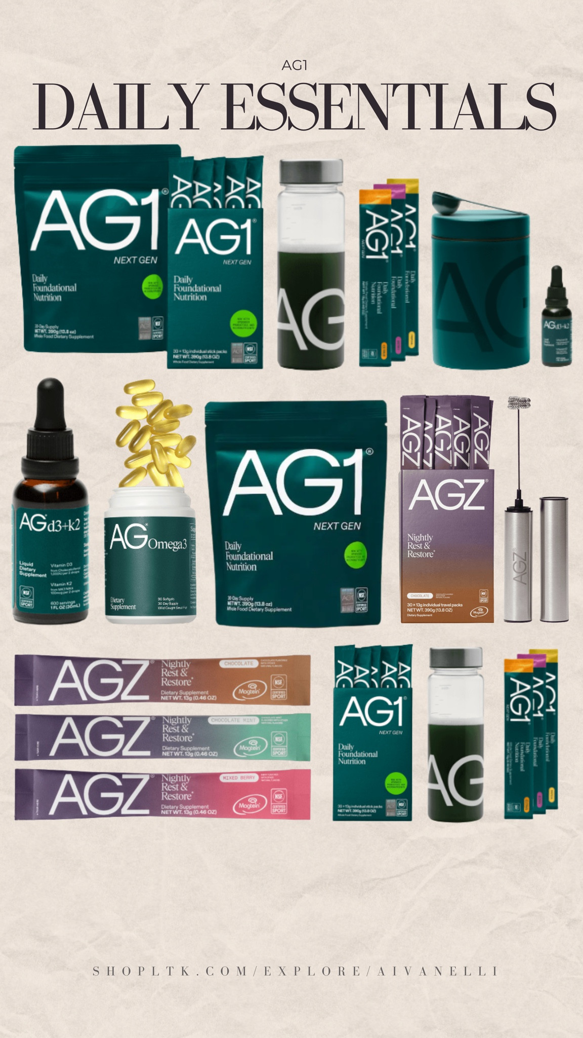 AG1 Daily Essentials

Women’s multivitamins
Hormone balance supplements
Daily probiotic blend
Collagen peptides
Magnesium glycinate
Hair skin nail vitamins
Ashwagandha for stress
Iron and B12 support
Omega-3 fish oil
Sleep and relaxation gummies

#LTKfitnessgoals #LTKHoliday #LTKGiftGuide
