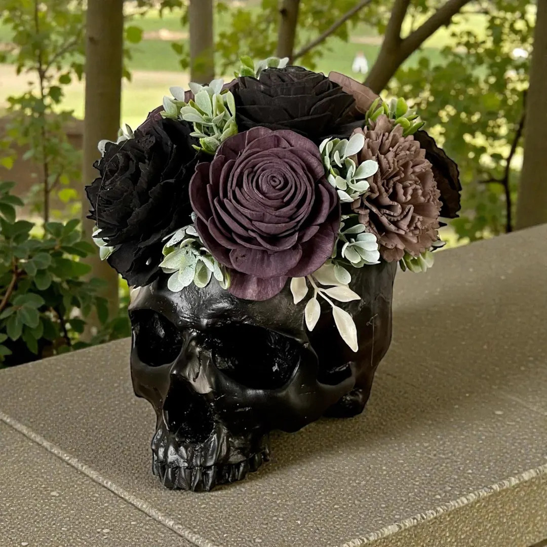 Sola Wood Flowers, wooden flowers centerpiece, skull planter, Halloween, faux floral arrangement | Etsy (US)