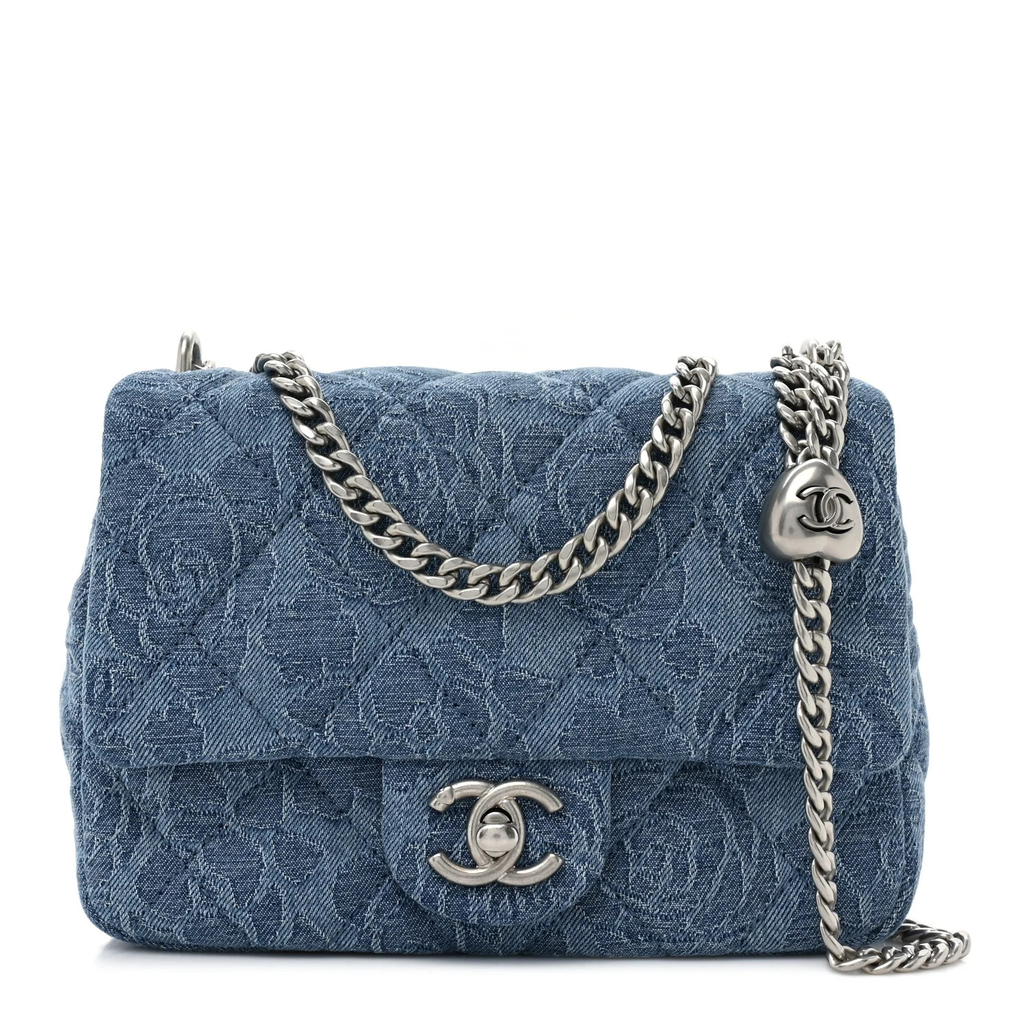 Denim Quilted Camellia Sweetheart Mini Flap Blue | FASHIONPHILE (US)