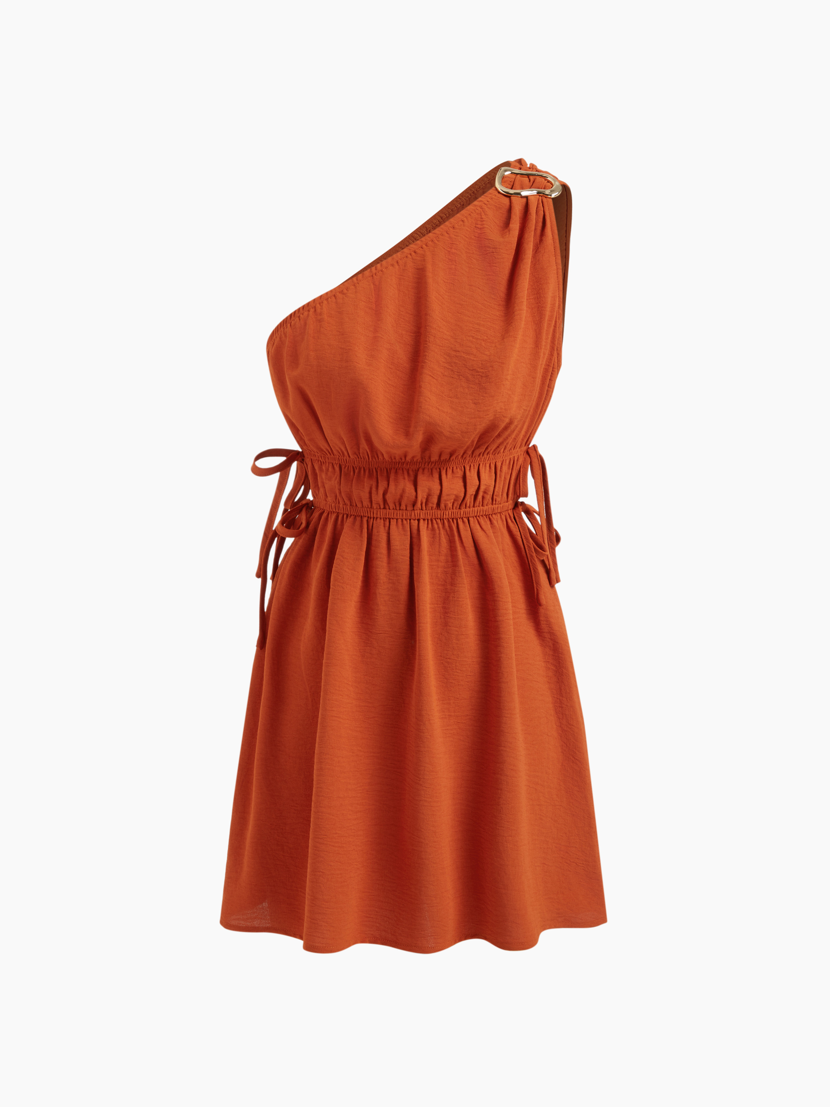 Woven Asymmetrical Neck Buckle Elastic Waist Knotted Mini Dress For Daily Casual | Cider