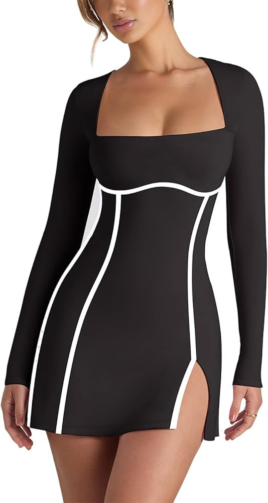 Aisbei Women's Sexy Square Neck Dress Long Sleeve Side Slit Flare Mini Dress Bodycon Party Club S... | Amazon (US)