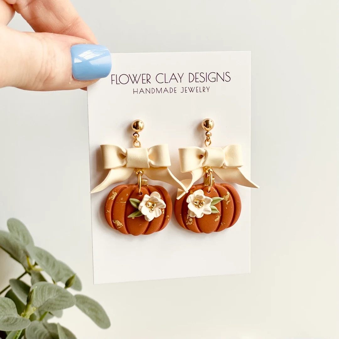 Handmade Floral Pumpkin Clay Earrings Fall Theme Floral Pumpkin Bow Earrings Dangle Polymer Clay ... | Etsy (US)