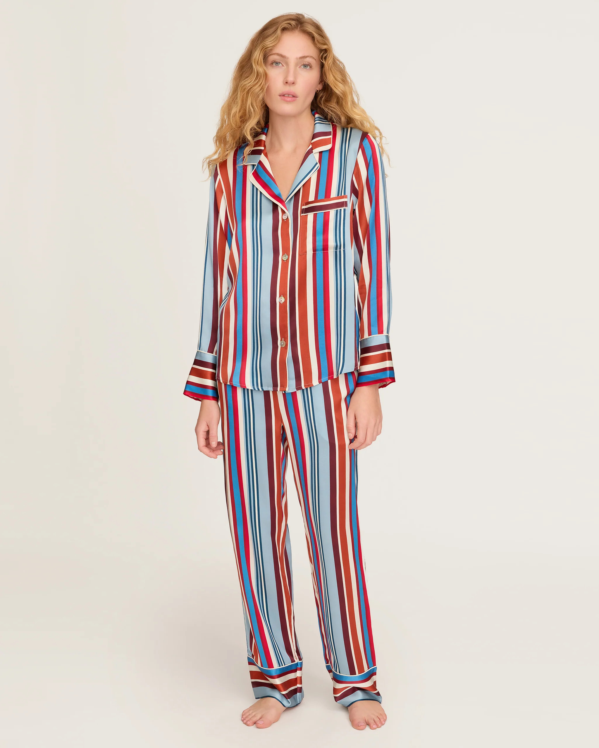 Women's Silk Pajama Set in Discovery Stripe | Petite Plume