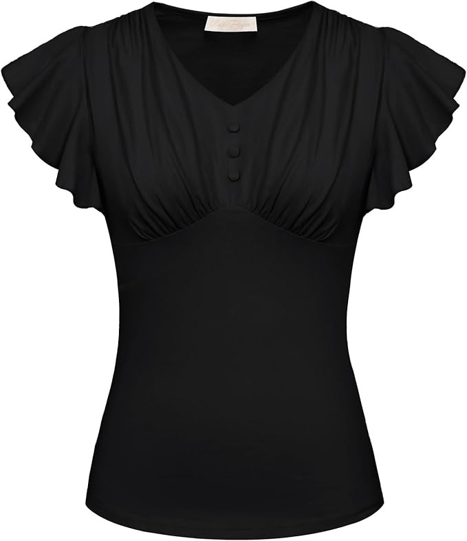 Belle Poque Summer Cotton Tops V Neck Ruffle Short Sleeve Blouse Shirts Elegant Vintage Tops | Amazon (US)