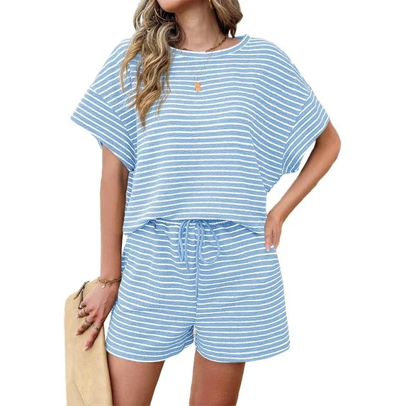 Womens 2 Piece Sets Summer Lounge Sets Striped Short Sleeve Oversized T Shirts Drawstring Shorts ... | Walmart (US)