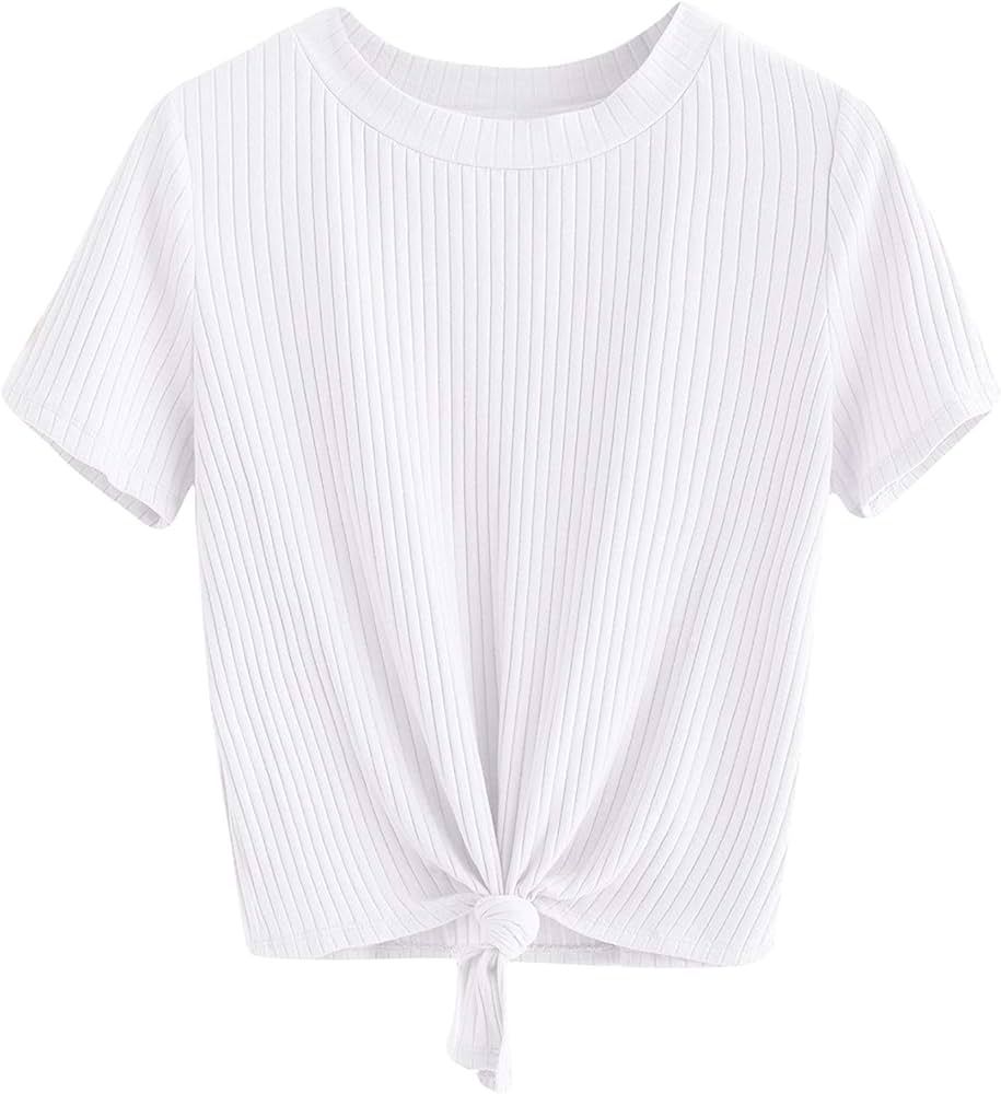 Romwe Women's Cute Knot Front Solid Ribbed Tee Crop Top T-Shirt | Amazon (US)