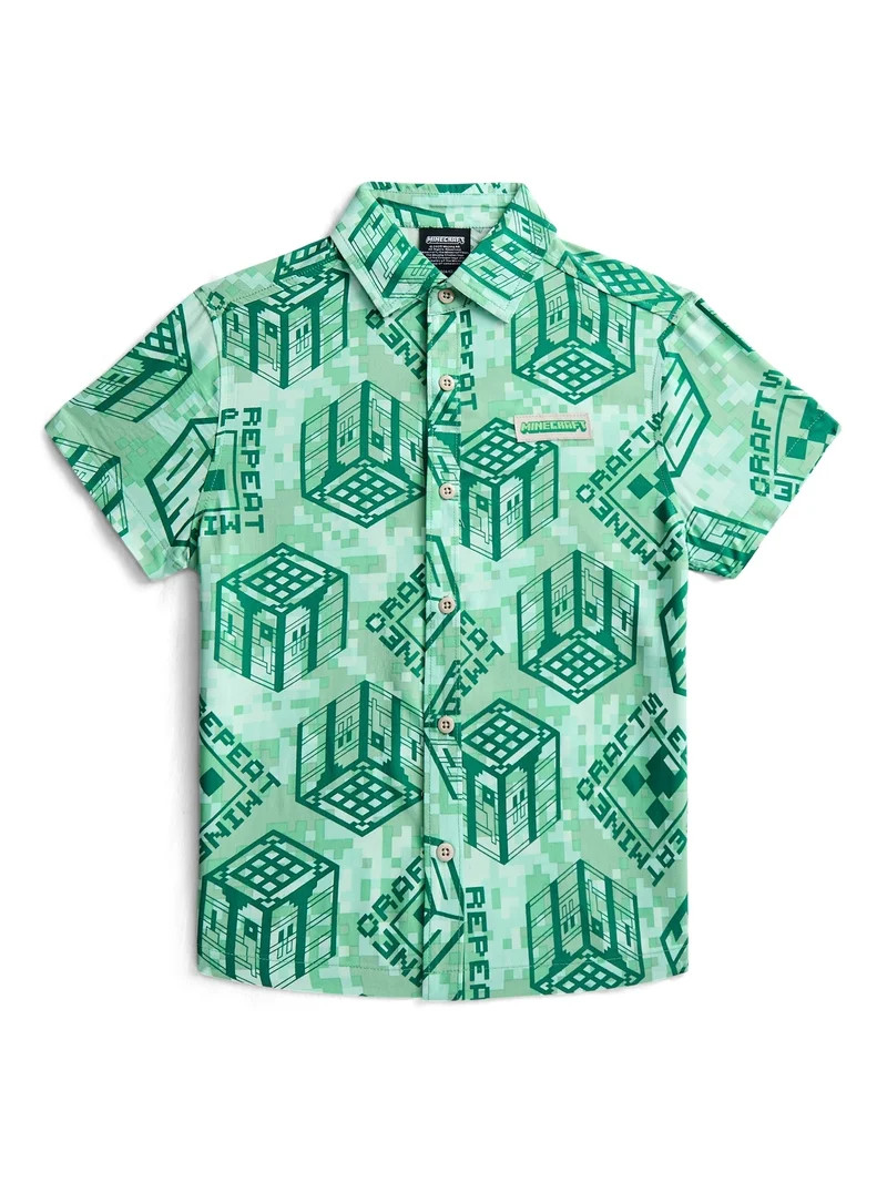 Minecraft Boys Graphic Button Up Resort Shirt with Short Sleeves, Sizes 4-18 | Walmart (US)