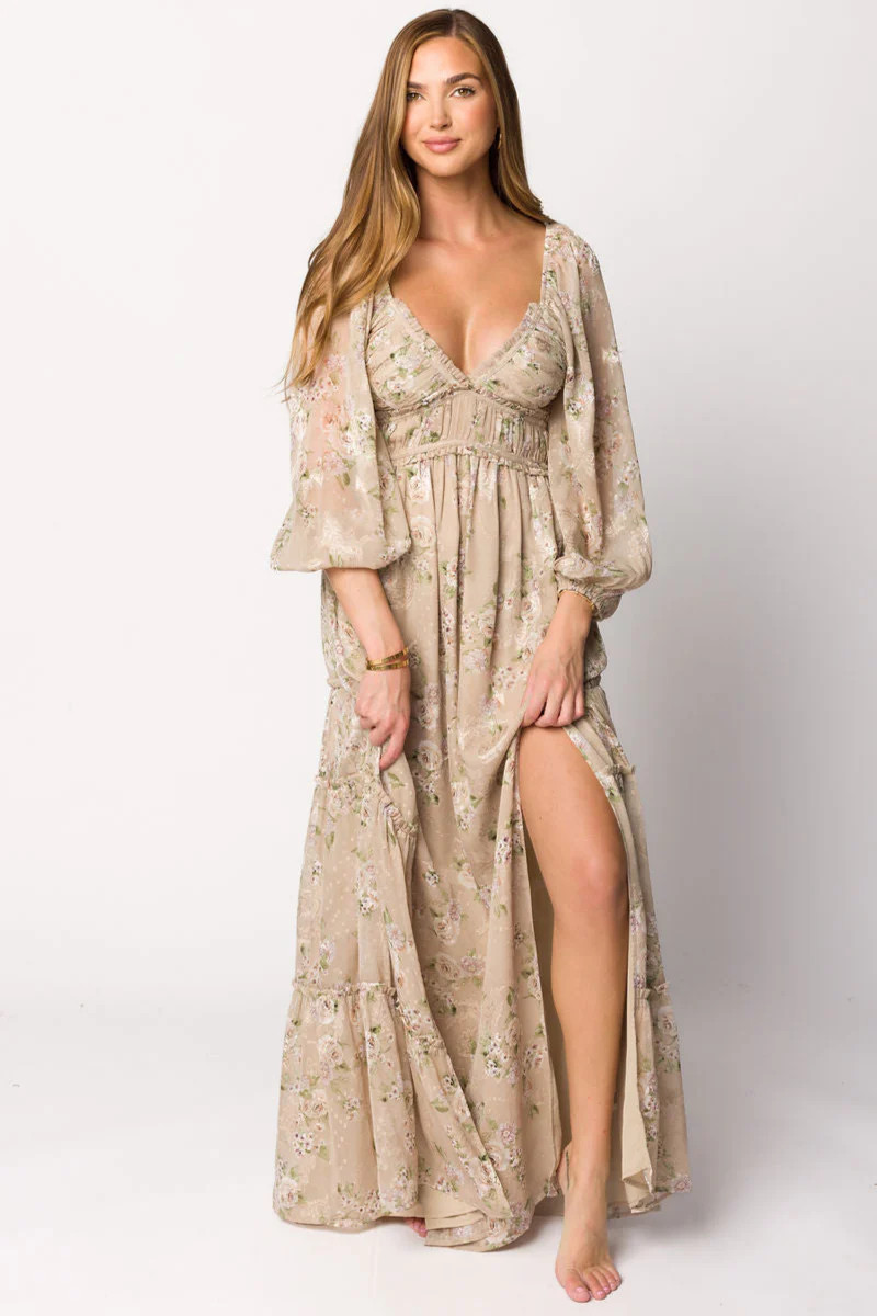 Daphne Long Sleeve Maxi Dress in Beige/Multi Floral - Bump Friendly & | Worth Collective