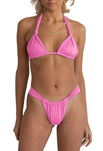 geluboao Light Pink Bikini Set for Women Sexy Solid Padded Triangle Top Brazilian Ruched High Waisted Bottom Two Piece Swimsuit M | Amazon (US)
