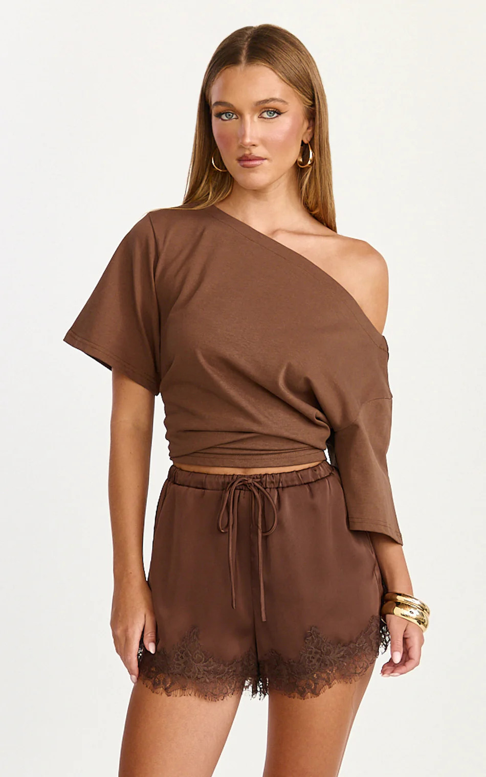 Ava Shorts - Lace Trim Elasticated Waist Shorts in Chocolate | Showpo USA | Showpo (US, UK & Europe)