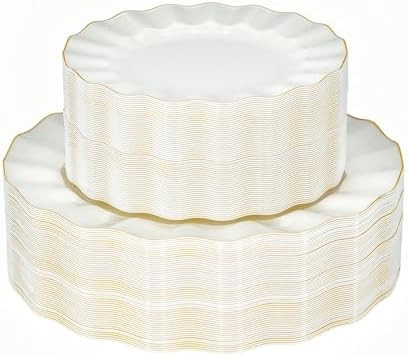 120PCS Ivory White Plastic Plates, Heavy Duty Disposable Party Plate with Gold Rim, Fancy 60 Dinn... | Amazon (US)