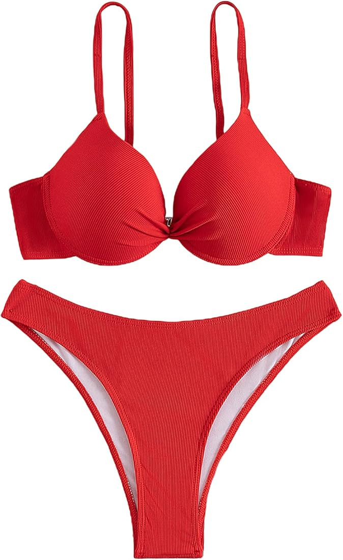 GORGLITTER Women's Push Up Swimsuit Underwire Ruched Bra High Cut Thong Bikini Set Bathing Suit | Amazon (US)