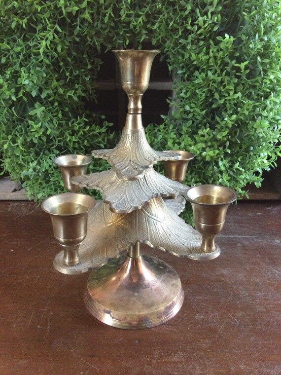 Vintage Brass Stacked Christmas Tree Candelabra / Patinaed | Etsy (US)