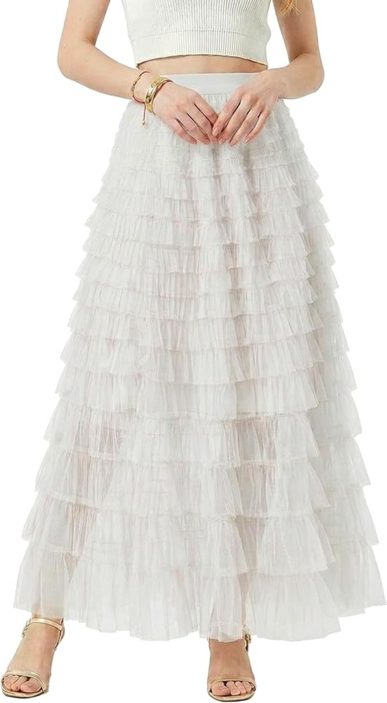 Long Maxi Tulle Skirts for Women A Line Ruffle Tiered Layered High Waisted Tiered Layered Mesh Sk... | Amazon (US)