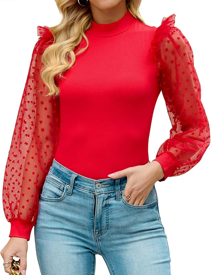 WAYMAKER Women's Mock Turtle Neck Polka Dot Sheer Mesh Puff Long Sleeve Bodysuit Blouses Tops Shi... | Amazon (US)