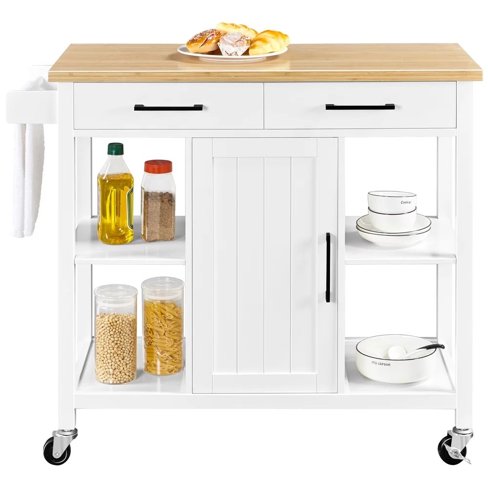 Easyfashion Mobile Kitchen Island Kitchen Cart on Lockable Wheels With Storage, White | Walmart (US)