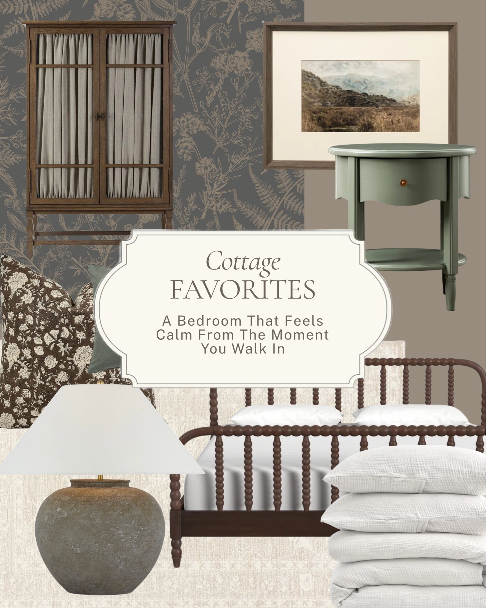The bedroom that exhales for you ✨ 

A dark spindle bed, a sage painted nightstand, a curtained wood cabinet, a moody botanical wallpaper, a dark floral pillow, a textured ceramic lamp, a framed landscape, and soft layered bedding that makes the whole room feel still and settled. 

All linked here 🤍 

#LTKhome