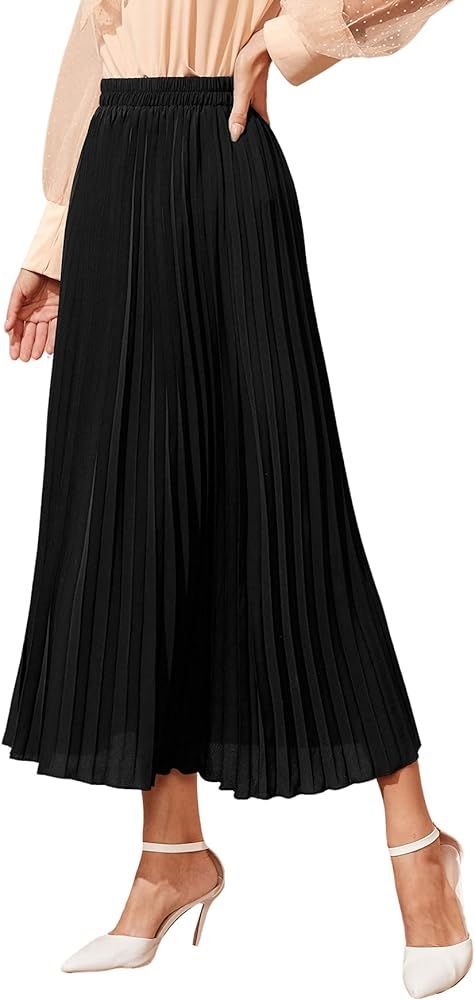 SweatyRocks Women's Casual Solid Longline Pleated Long Skirt | Amazon (US)