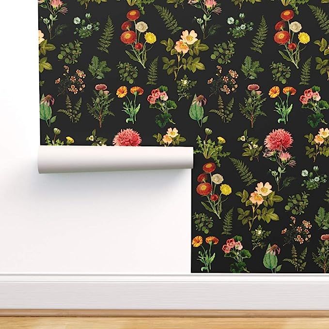 Spoonflower Pre-Pasted Removable Wallpaper, Botanicals Black Green Yellow Blush Florals Flowers V... | Amazon (US)