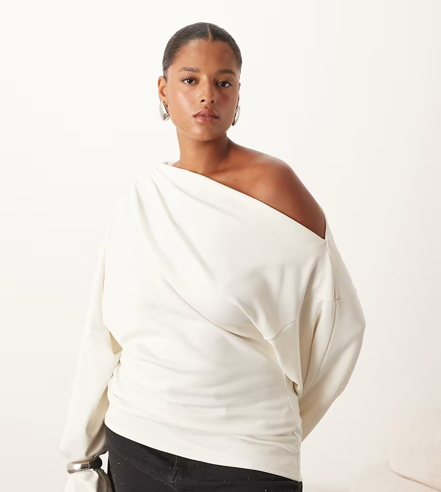 ARRANGE Curve jersey off shoulder wide sleeve top with ruched hem in white | ASOS (Global)