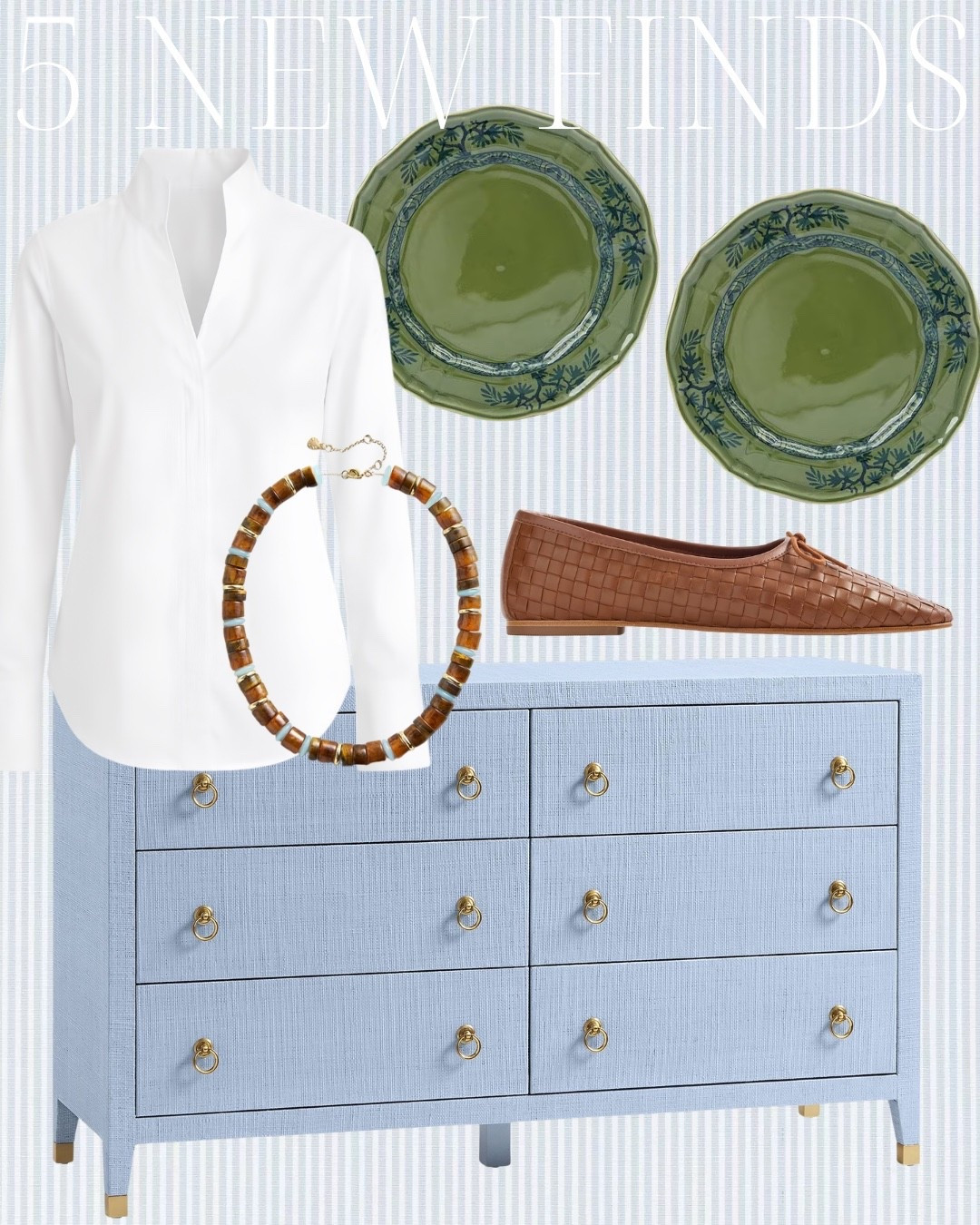 new home finds, new home decor, spring home finds, classic home decor, grandmillennial style, coastal home decor, blue and green decor, traditional interiors, preppy home style, coastal grandmother style, affordable home finds, Amazon home finds, spring fashion finds, classic women’s style, elevated basics, neutral outfit ideas, white blouse, brown ballet flats, statement necklace, green dinnerware, blue dresser, woven furniture, grasscloth dresser, bedroom furniture, timeless home finds, home refresh, spring style inspiration, LTK home, LTK fashion, shop my finds

#LTKHome #LTKSeasonal #LTKOver40