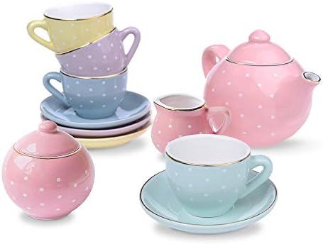 Jewelkeeper Porcelain Tea Set for Little Girls, Pastel Polka Dot, 13 Pieces | Amazon (US)