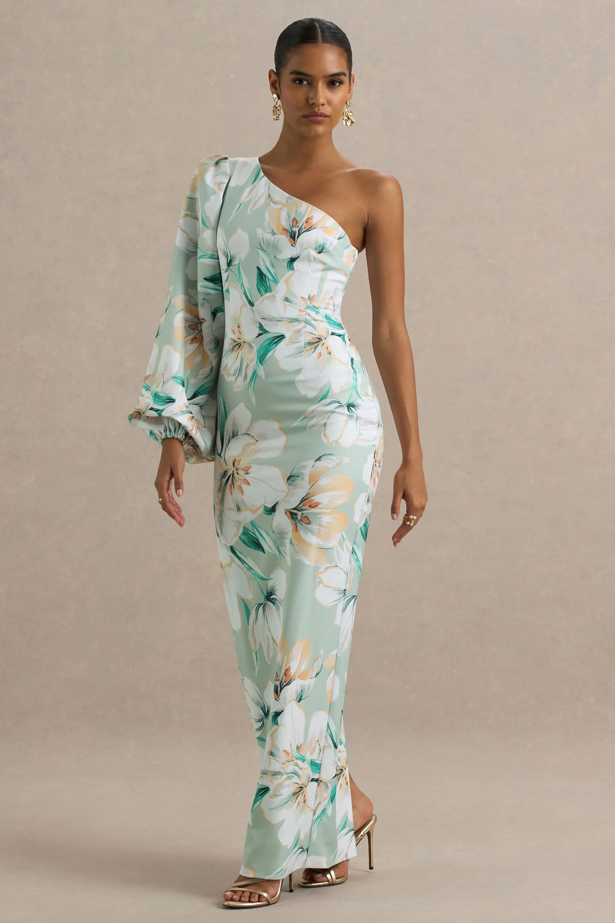 Kellis | Green Floral Print Asymmetric Maxi Dress With Balloon Sleeve | Club L London