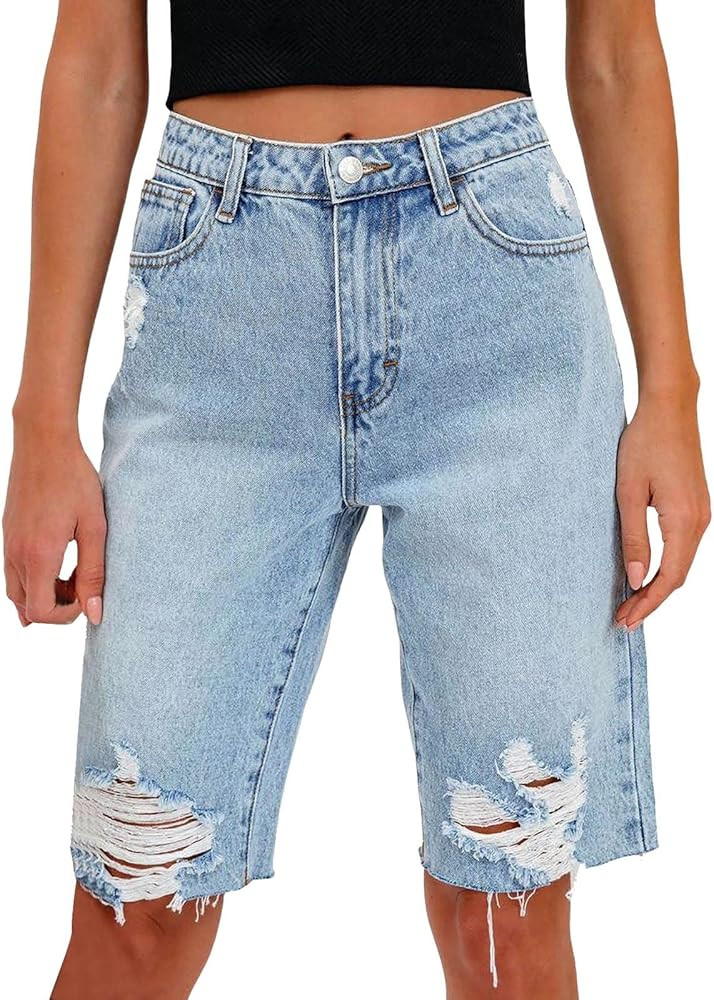 Denim Bermuda Shorts for Women Stretchy High Waisted, Jean Shorts for Teen Girls Baggy Ripped Tre... | Amazon (US)