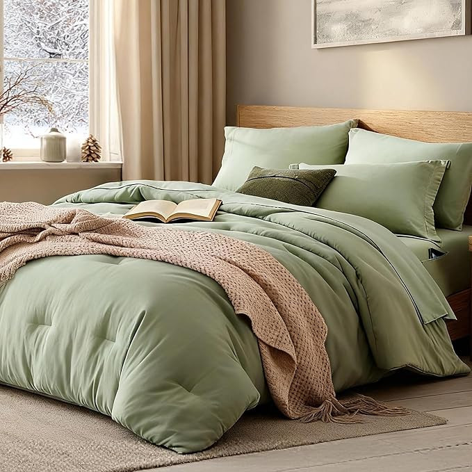 WRENSONGE Queen Comforter Set - 7 Pieces Sage Green Soft Bed in a Bag Queen with Fitted Sheet, Fl... | Amazon (US)